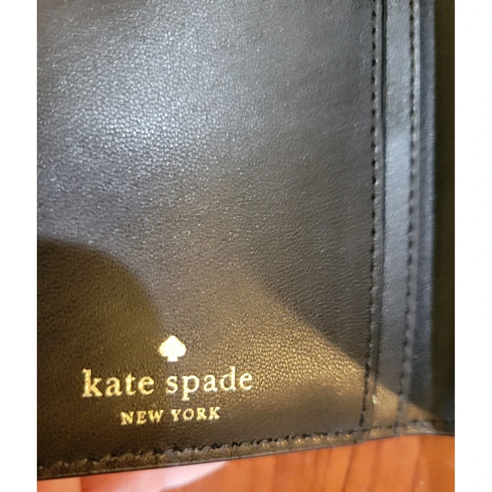 Kate Spade New York Black Saffiano Leather Slim Bifold Wallet Gold Logo AS IS